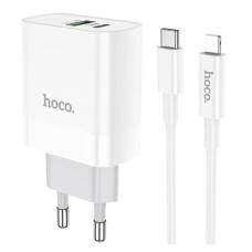 Мережевий зарядний пристрій Hoco C80A USB-A+USB-C (20W · 3.1A) з кабелем Type-C – Lightning (White)