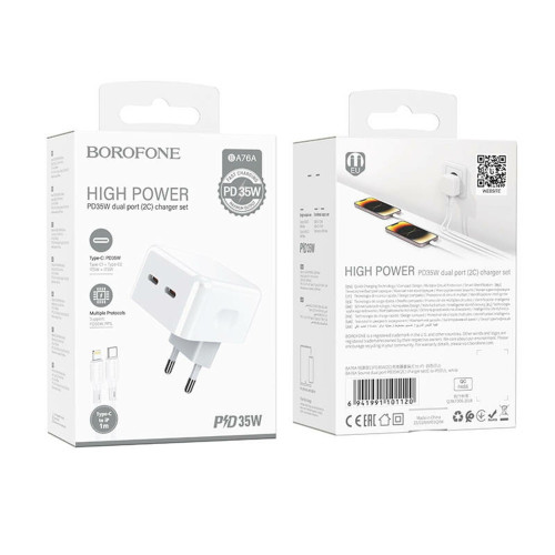 Мережевий зарядний пристрій Borofone BA76A 2xUSB-C (35W · 3A) з кабелем Type-C – Lightning (White)