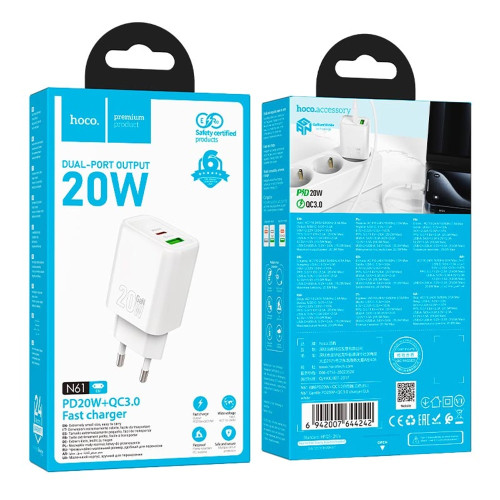 Сетевое зарядное устройство Hoco N61 USB-A+USB-C (20W · 3A) (White)