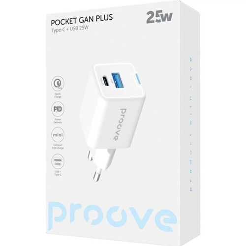 Сетевое зарядное устройство Proove Pocket Gan Plus USB-A+USB-C (25W · 3A) (White)
