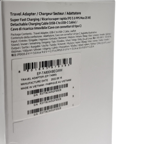 Сетевое зарядное устройство Samsung EP-TA800 USB-C retail packing (25W · 3A) с кабелем Type-C (Service) (Black)