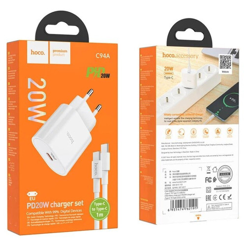 Сетевое зарядное устройство Hoco C94A USB-C (20W · 3A) с кабелем Type-C – Type-C (White)