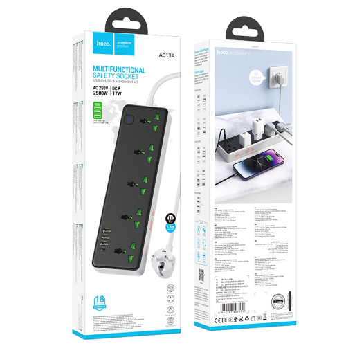 Сетевой фильтр Hoco AC13A на 5 розеток (17W · 4xUSB-A · 1.5 м) (Black)