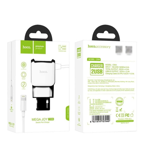 Сетевое зарядное устройство Hoco C59A 2xUSB-A (12W · 2.4A) с кабелем USB-A – Lightning (White)