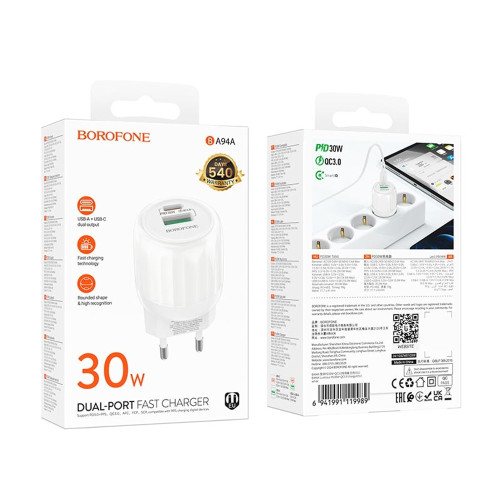 Сетевое зарядное устройство Borofone BA94A USB-A+USB-C (30W · 3A) (White)