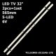 Пряма підсвітка для телевізора Hisense 32″ 6B5CX56514 (2 планки по 565 мм, 5 LED, лінза 15,5 мм, 6 В)