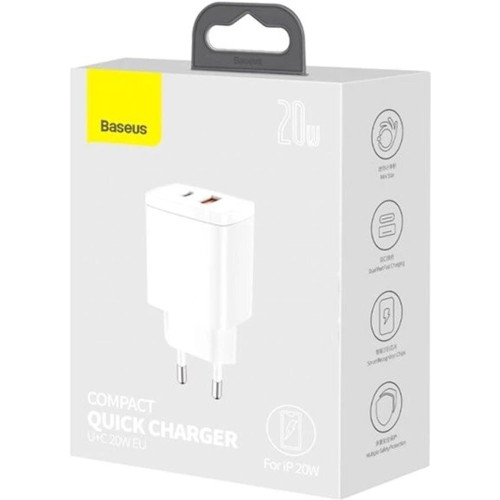 Сетевое зарядное устройство Baseus Compact USB-A+USB-C (20W · 3A) (CCXJ-B02) (White)