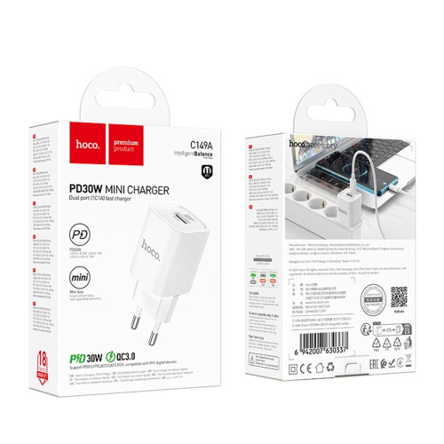Сетевое зарядное устройство Hoco C149A USB-A+USB-C (30W · 3A) (White)