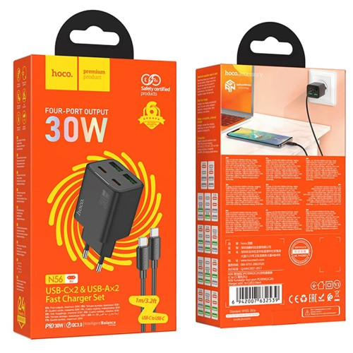Мережевий зарядний пристрій Hoco N56 2xUSB-A+2xUSB-C (30W · 3A) з кабелем Type-C – Type-C (Black)