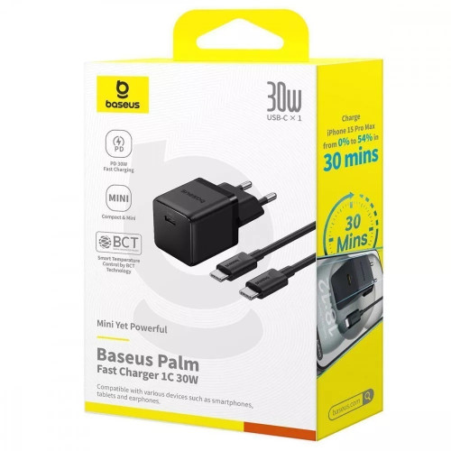 Сетевое зарядное устройство Baseus Palm Fast Charger USB-C (30W · 3A) с кабелем Type-C – Type-C 60W (P10111605113-01) (Black)