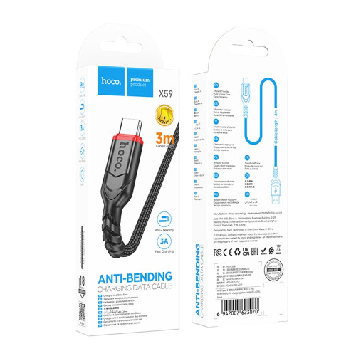 Кабель Hoco X59 USB-A – Type-C (3 м · 12W · 2.4A) (Black)