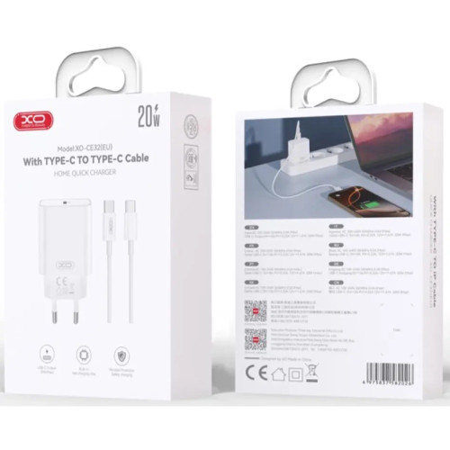 Сетевое зарядное устройство XO CE32 USB-C (20W · 3A) с кабелем Type-C – Type-C (White)