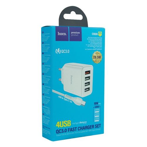 Сетевое зарядное устройство Hoco C102A 4xUSB-A (20W · 3A) с кабелем USB-A – Type-C (White)