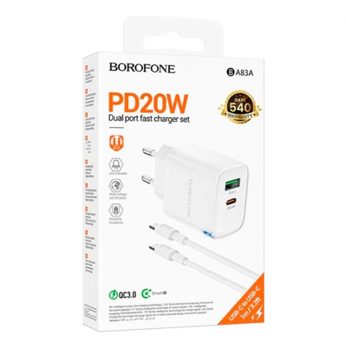 Мережевий зарядний пристрій Borofone BA83A USB-A+USB-C (20W · 3A) з кабелем Type-C – Type-C (White)