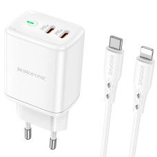 Мережевий зарядний пристрій Borofone BN9 2xUSB-C (35W · 3A) з кабелем Type-C – Lightning (White)