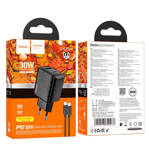 Сетевое зарядное устройство Hoco CS23A USB-A+USB-C (30W · 3A) с кабелем Type-C – Type-C (Black)