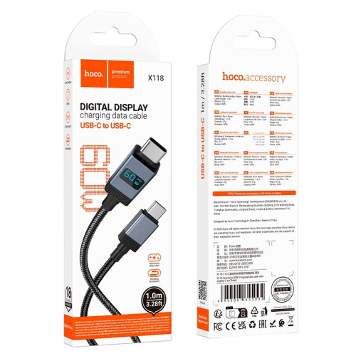 Кабель Hoco X118 Type-C – Type-C с дисплеем (1 м · 60W · 3A) (Black)