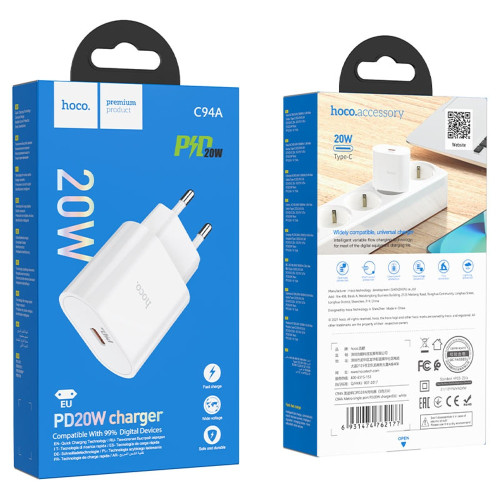 Мережевий зарядний пристрій Hoco C94A USB-C (20W · 3A) (White)