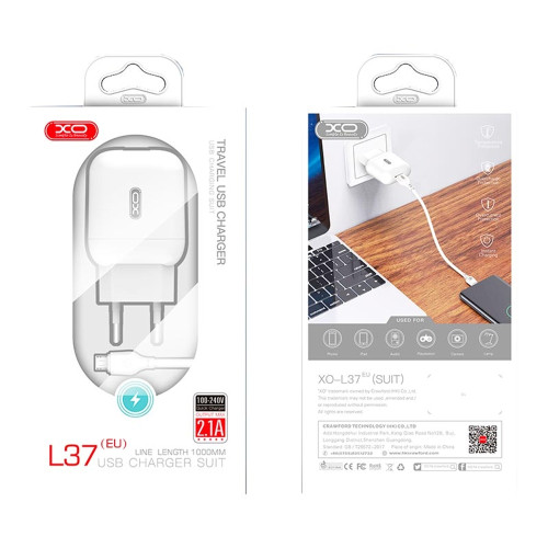 Сетевое зарядное устройство XO L37 USB-A (10W · 2.1A) с кабелем USB-A – Micro-USB (White)