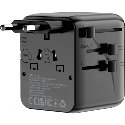 Сетевое зарядное устройство универсальный Proove Trip 2xUSB-A+USB-C (25W · 3A) (Black)