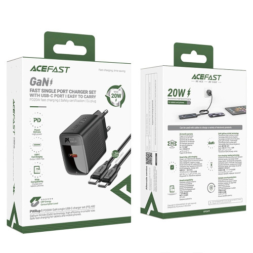 Сетевое зарядное устройство Acefast A82 USB-C (20W · 3A) с кабелем Type-C – Type-C (Black)