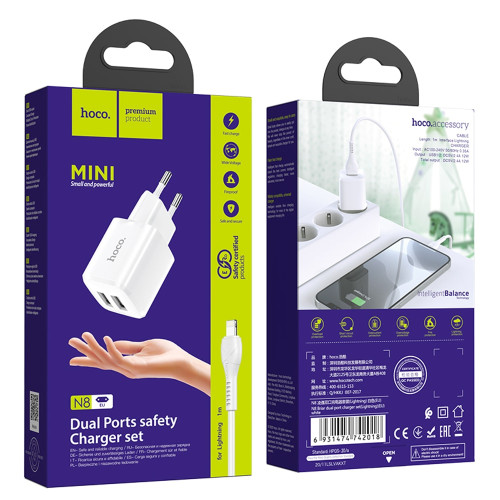 Мережевий зарядний пристрій Hoco N8 2xUSB-A (12W · 2.4A) з кабелем USB-A – Lightning (White)