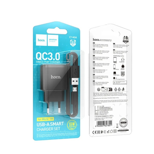 Сетевое зарядное устройство Hoco C140A USB-A (18W · 3A) с кабелем USB-A – Micro-USB (Black)