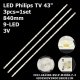 Прямая подсветка для телевизора Philips 43″ 43D3503V2W9C1B83912M (1 планка 840 мм, 9 LED, 3 В)