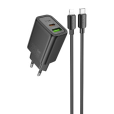 Сетевое зарядное устройство Hoco N61 USBA+USB-C (20W · 3A) с кабелем Type-C – Lightning (Black)
