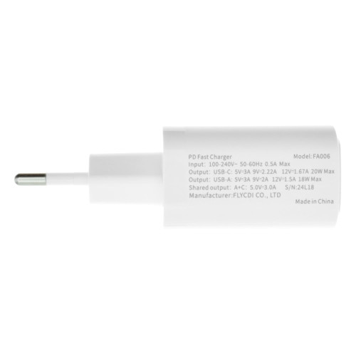 Сетевое зарядное устройство FLYCDI FA-006 USB-A+USB-C (20W · 3A) с кабелем USB-A – Lightning (White)