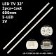 Прямая подсветка для телевизора Changhong 32″ 32CE2215HZ (2 планки по 600 мм, 5 LED, линза 15,5 мм, 3 В)