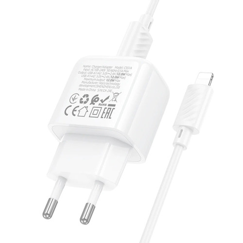 Сетевое зарядное устройство Hoco CS51A 2xUSB-A (12W · 2.4A) с кабелем USB-A – Lightning (White)
