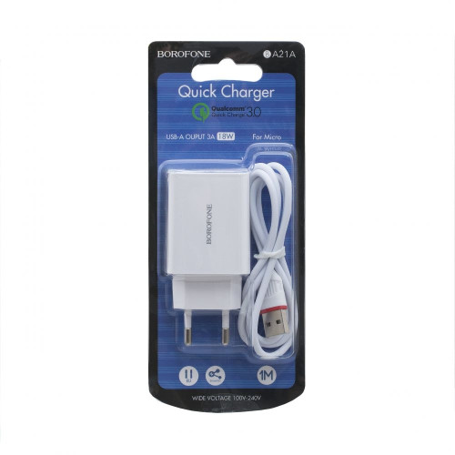 Сетевое зарядное устройство Borofone BA21A USB-A (18W · 3A) с кабелем USB-A – Micro-USB (White)