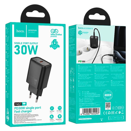 Мережевий зарядний пристрій Hoco N62 USB-C (30W · 3A) (Black)