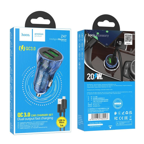Автомобільний зарядний пристрій Hoco Z47 Transparent 2xUSB-A (18W · 3A) з кабелем USB-A – Micro-USB (Blue)