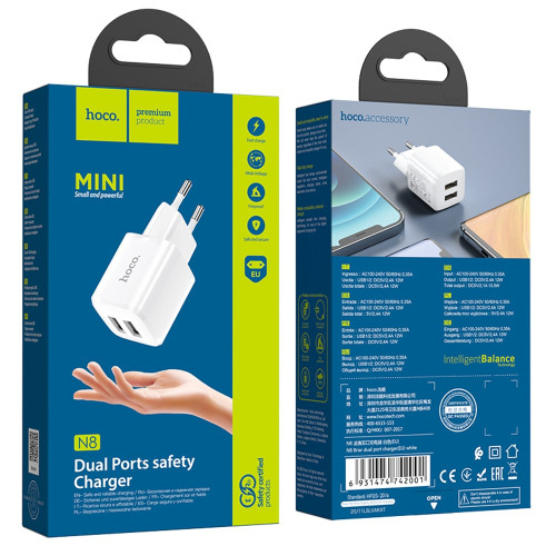 Сетевое зарядное устройство Hoco N8 2xUSB-A (12W · 2.4A) (White)