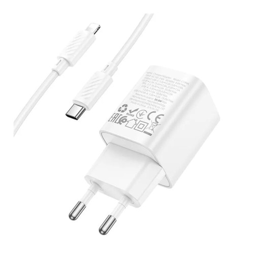Сетевое зарядное устройство Hoco C149A USB-A+USB-C (30W · 3A) с кабелем Type-C – Lightning (White)