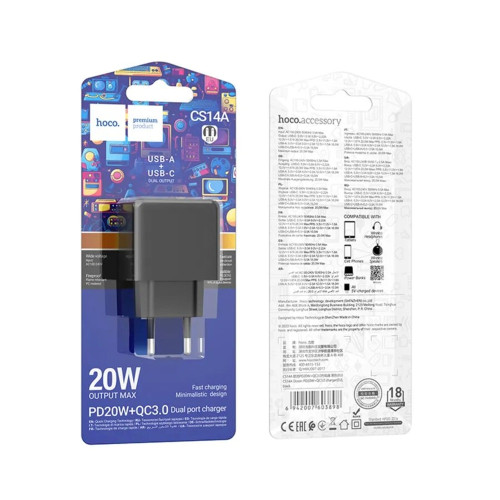 Мережевий зарядний пристрій Hoco CS14A USB-A+USB-C (20W · 3A) (Black)