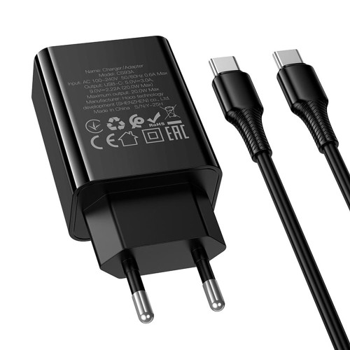 Сетевое зарядное устройство Hoco CS93A USB-C (20W · 3A) с кабелем Type-C – Type-C (Black)