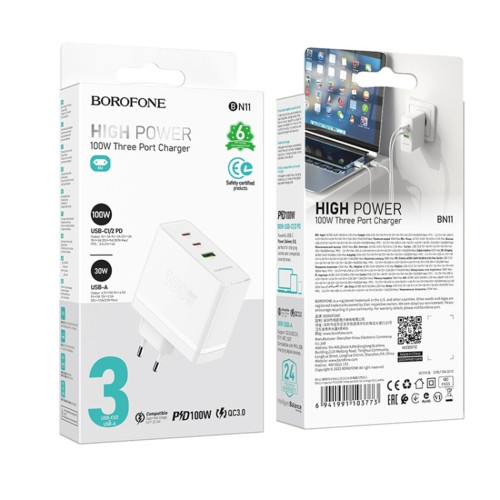 Сетевое зарядное устройство Borofone BN11 USB-A+2xUSB-C (100W · 5A) (White)