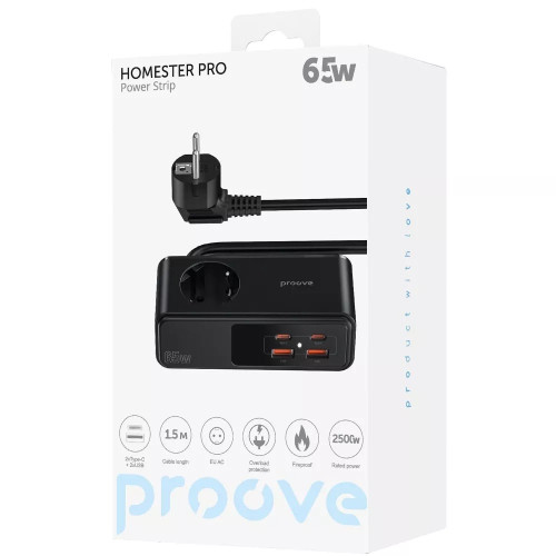 Мережевий фільтр Proove Homester Pro на 1 розетку (65W · 2xUSB-A+2xUSB-C · 1.5 м) (Black)