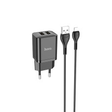 Сетевое зарядное устройство Hoco N25 2xUSB-A (10.5W · 2.1A) с кабелем USB-A – Lightning (Black)
