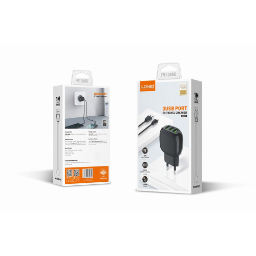 Мережевий зарядний пристрій LDNIO A3309 3xUSB-A (17W · 3.4A) з кабелем USB-A – Micro-USB (Black)