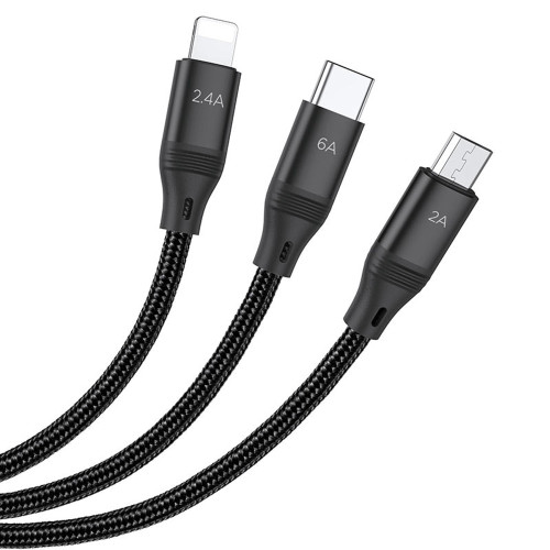Кабель Hoco U104 Ultra charging 3-в-1 USB-A – Lightning/Micro-USB/Type-C (1.2 м · 66W · 6A) (Black)