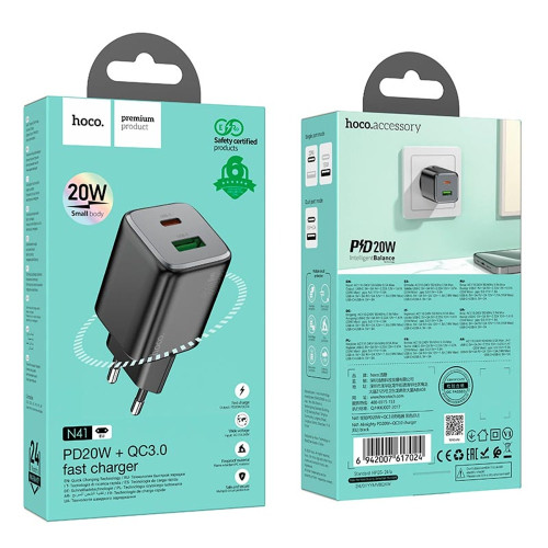 Сетевое зарядное устройство Hoco N41 USB-A+USB-C (20W · 3A) (Black)
