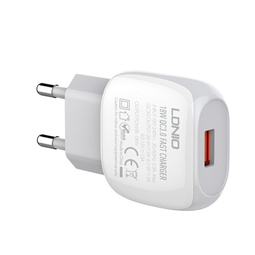 Сетевое зарядное устройство LDNIO A1306q USB-A (18W · 3A) с кабелем USB-A – Type-C (White)