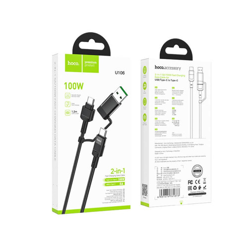 Кабель Hoco U106 2-в-1 Type-C100W 5A+Type-C to USB 2.4A (1.2 м) (Black)