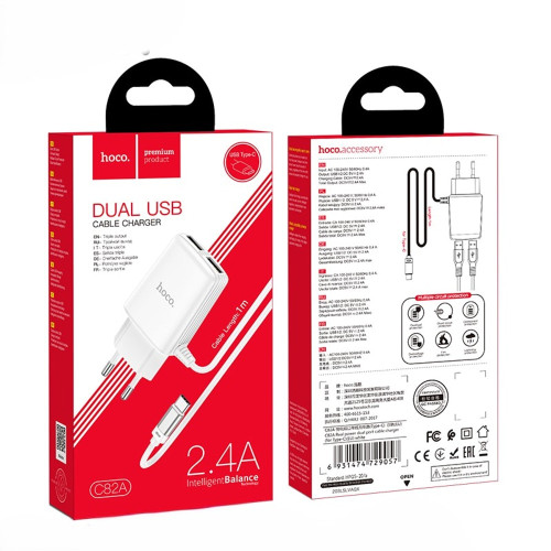 Сетевое зарядное устройство Hoco C82A 2xUSB-A (12W · 2.4A) с кабелем USB-A – Type-C (White)