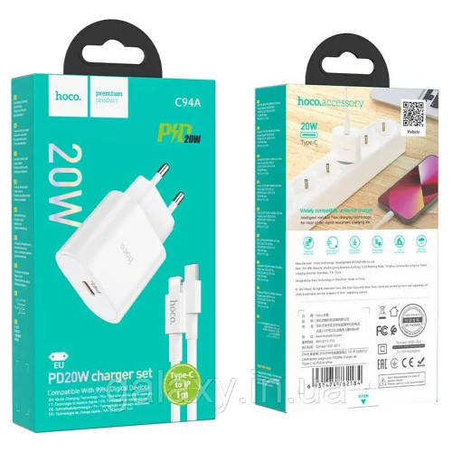 Сетевое зарядное устройство Hoco C94A USB-C (20W · 3A) с кабелем Type-C – Lightning (White)