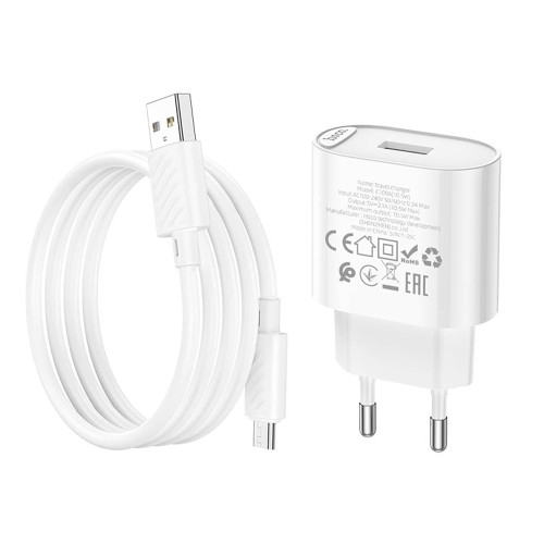 Мережевий зарядний пристрій Hoco C109A USB-A (10.5W · 2.1A) з кабелем USB-A – Micro-USB (White)